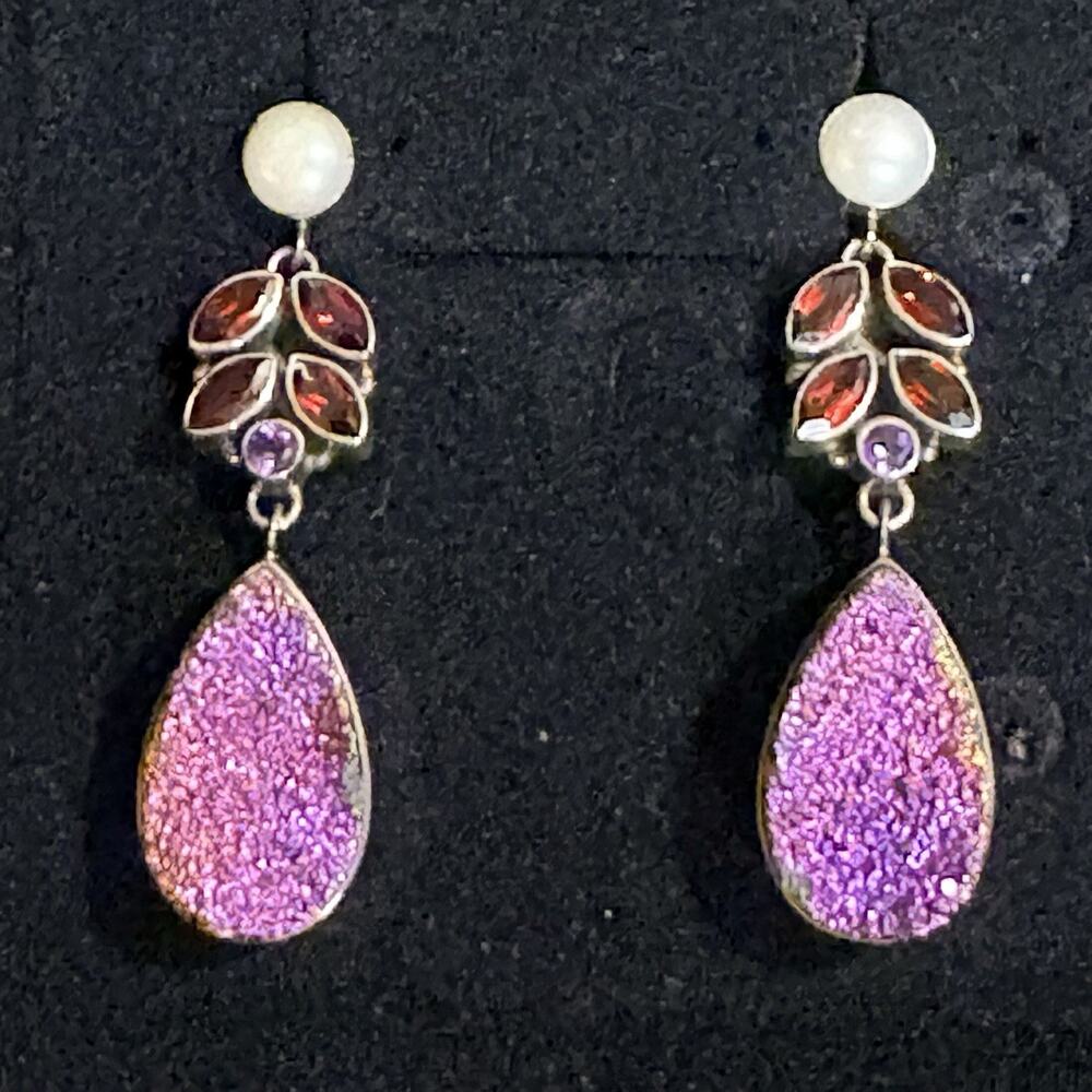 Nicky Butler Earrings Sterling Silver, Garnet, Amethyst, Pearl & Druzy Dangle